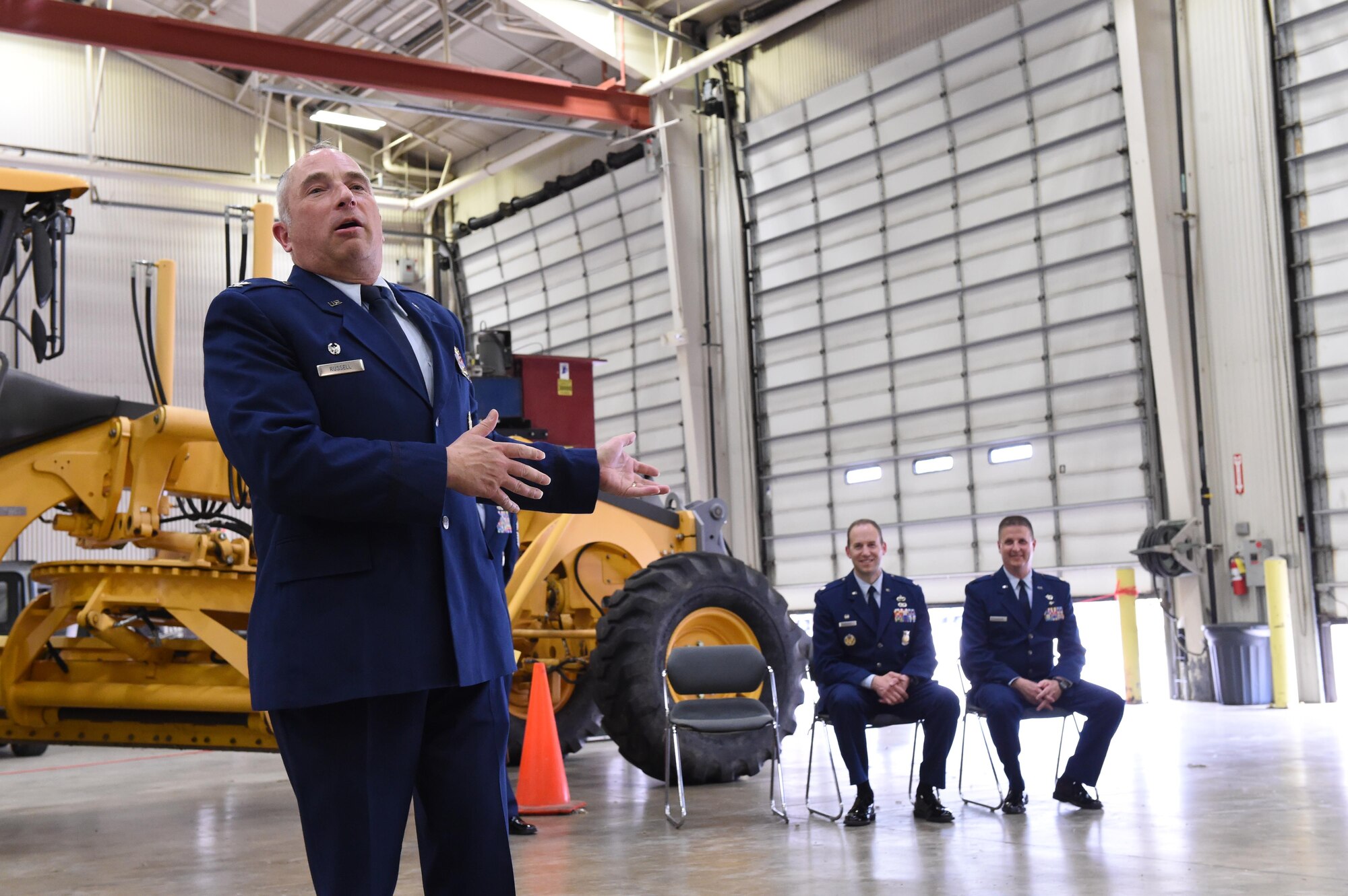 U.S. Air Force Col. Scott Russell, 434th Mission Support Group commander, speaks during a change of command ceremony at Grissom Air Reserve Base, Ind., June 4, 2017. During the ceremony, Maj. Timothy Kerrigan took command of the 434th Civil Engineer Squadron. (U.S. Air Force photo/Senior Airman Cali Wetli)