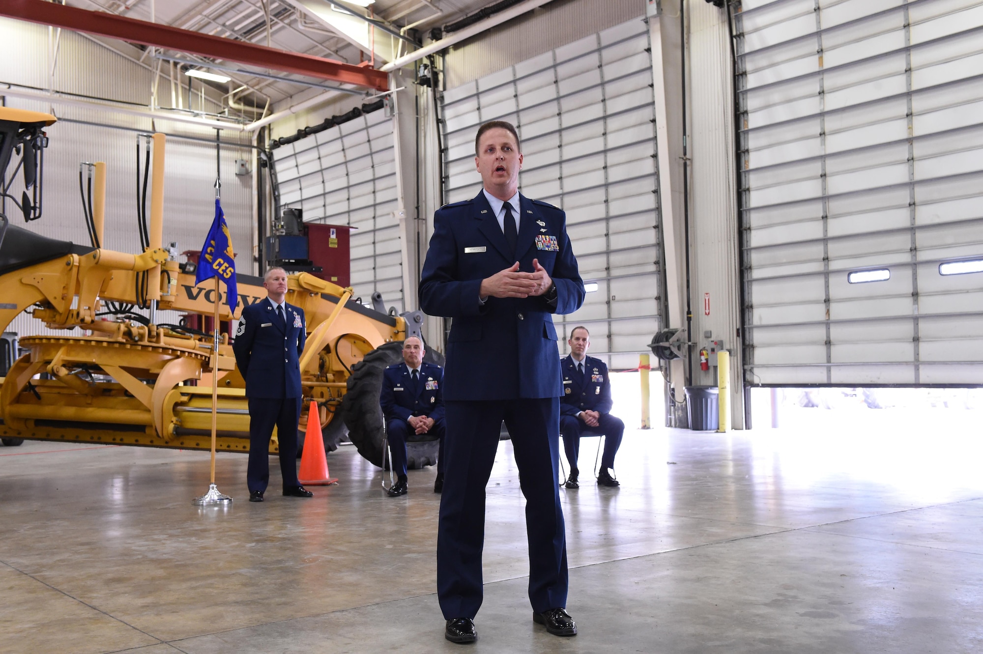 Maj. Timothy Kerrigan, Civil Engineer Squadron commander, addresses his troops after assuming command during a change of command ceremony at Grissom Air Reserve Base, Ind., June 4, 2017. During the ceremony, Maj. Timothy Kerrigan took command of the 434th Civil Engineer Squadron. (U.S. Air Force photo/Senior Airman Cali Wetli)  