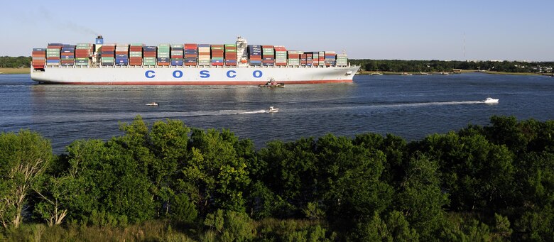 The COSCO Development cruised in to Charleston Harbor in May 2017 as the first Neo-Panamax ship to call on the Port of Charleston. Ships like the Development will become frequent visitors to Charleston after the Charleston District completes the Charleston Harbor Post 45 Harbor Deepening Project.