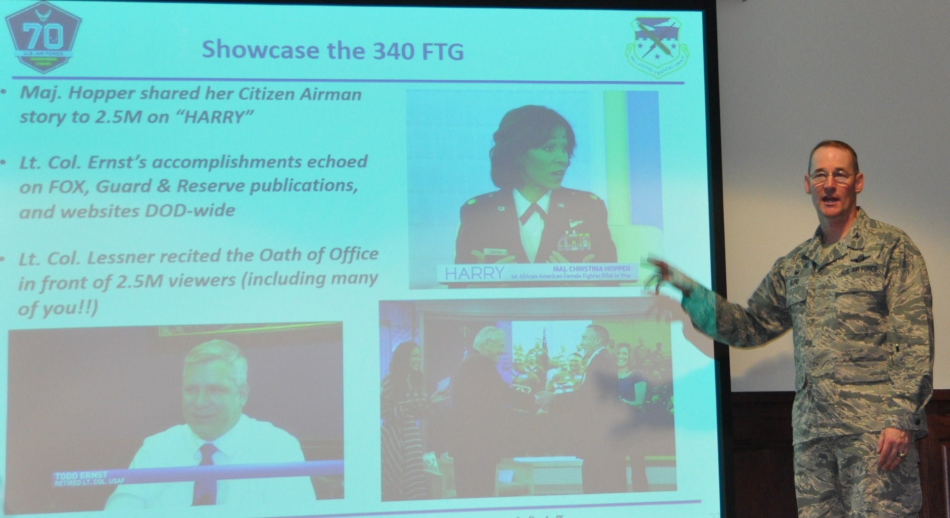 Col. Roger Suro, 340 Flying Training Group commander, shares recent Facebook and website stats during the unit’s spring MUTA June 8-9 at Joint Base San Antonio-Randolph, Texas. He encouraged members to use these and other internal communication tools to showcase the unit's airmen and highlight the details of the mission. (Photo by Janis El Shabazz)
