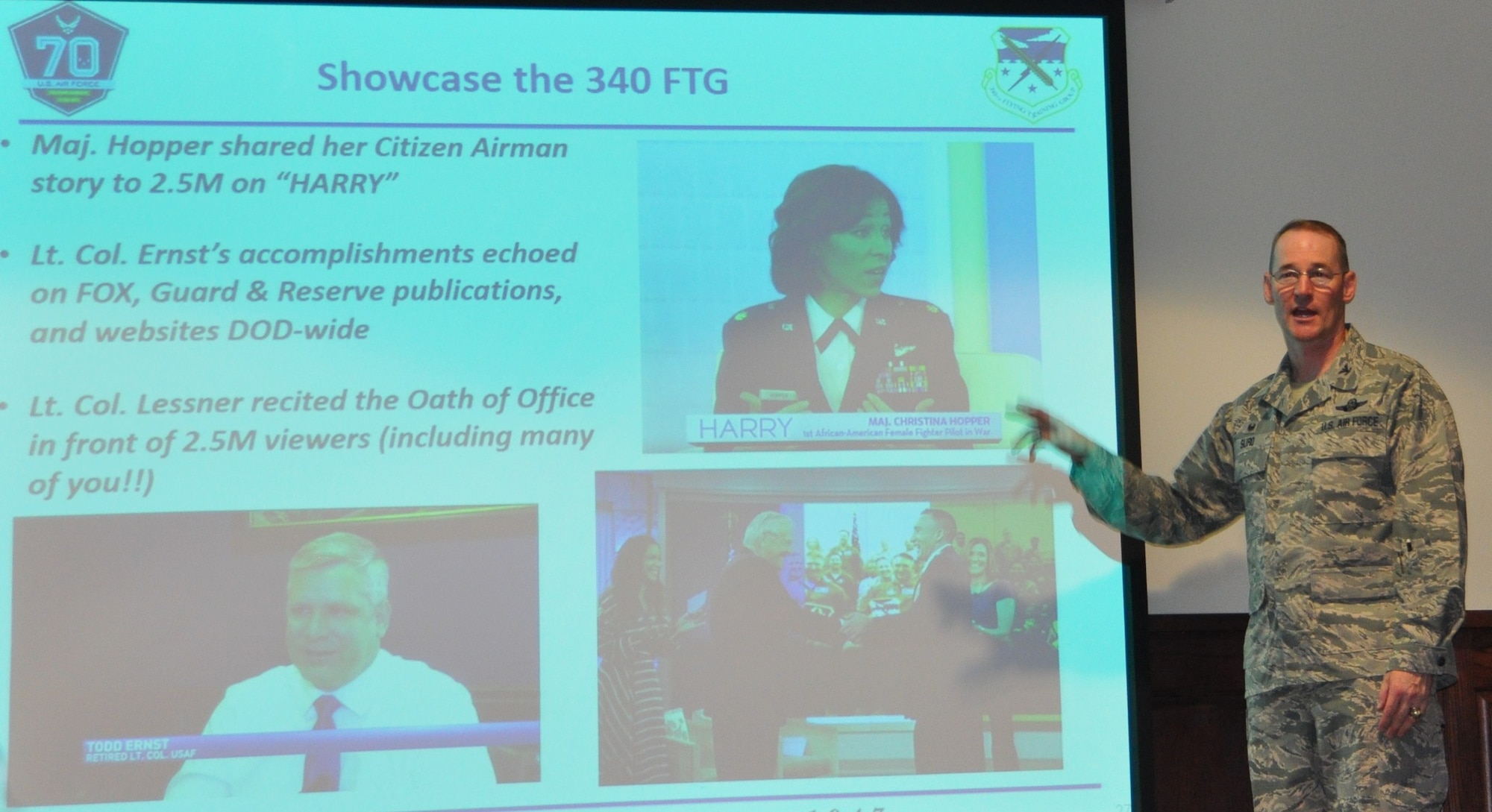 Col. Roger Suro, 340 Flying Training Group commander, shares recent Facebook and website stats during the unit’s spring MUTA June 8-9 at Joint Base San Antonio-Randolph, Texas. He encouraged members to use these and other internal communication tools to showcase the unit's airmen and highlight the details of the mission. (Photo by Janis El Shabazz)