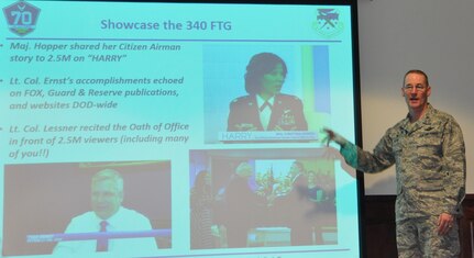 Col. Roger Suro, 340 Flying Training Group commander, shares recent Facebook and website stats during the unit’s spring MUTA June 8-9 at Joint Base San Antonio-Randolph, Texas. He encouraged members to use these and other internal communication tools to showcase the unit's airmen and highlight the details of the mission. (Photo by Janis El Shabazz)