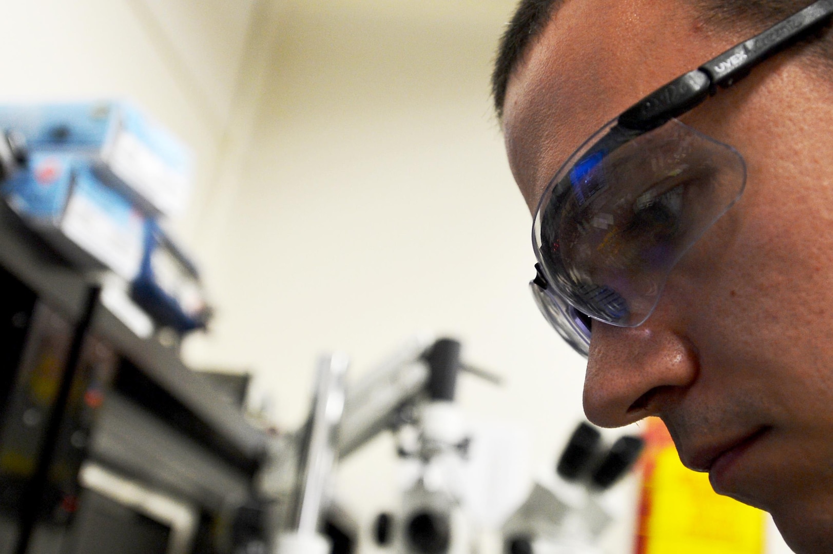 U.S. Air Force Staff Sgt. Alexander Creznic, 20th Maintenance Group Air Force Repair Enhancement Program (AFREP) technician, looks at a computer’s motherboard at the AFREP work center at Shaw Air Force Base, S.C., June 12, 2017. Aside from flightline equipment, AFREP Airmen are capable of repairing various items ranging from metal detectors to vacuums. (U.S. Air Force photo by Airman 1st Class Christopher Maldonado)