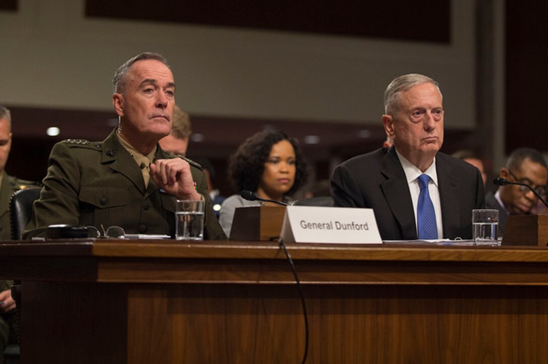 Defense Secretary Jim Mattis and Marine Corps Gen. Joe Dunford, chairman of the Joint Chiefs of Staff, provide testimony on DoD’s Fiscal Year 2018 National Defense Authorization Budget Request to members of the Senate Armed Services Committee during a hearing in the Dirksen Senate Office Building in Washington, D.C., June 13, 2017. DoD photo by Army Sgt. Amber I. Smith