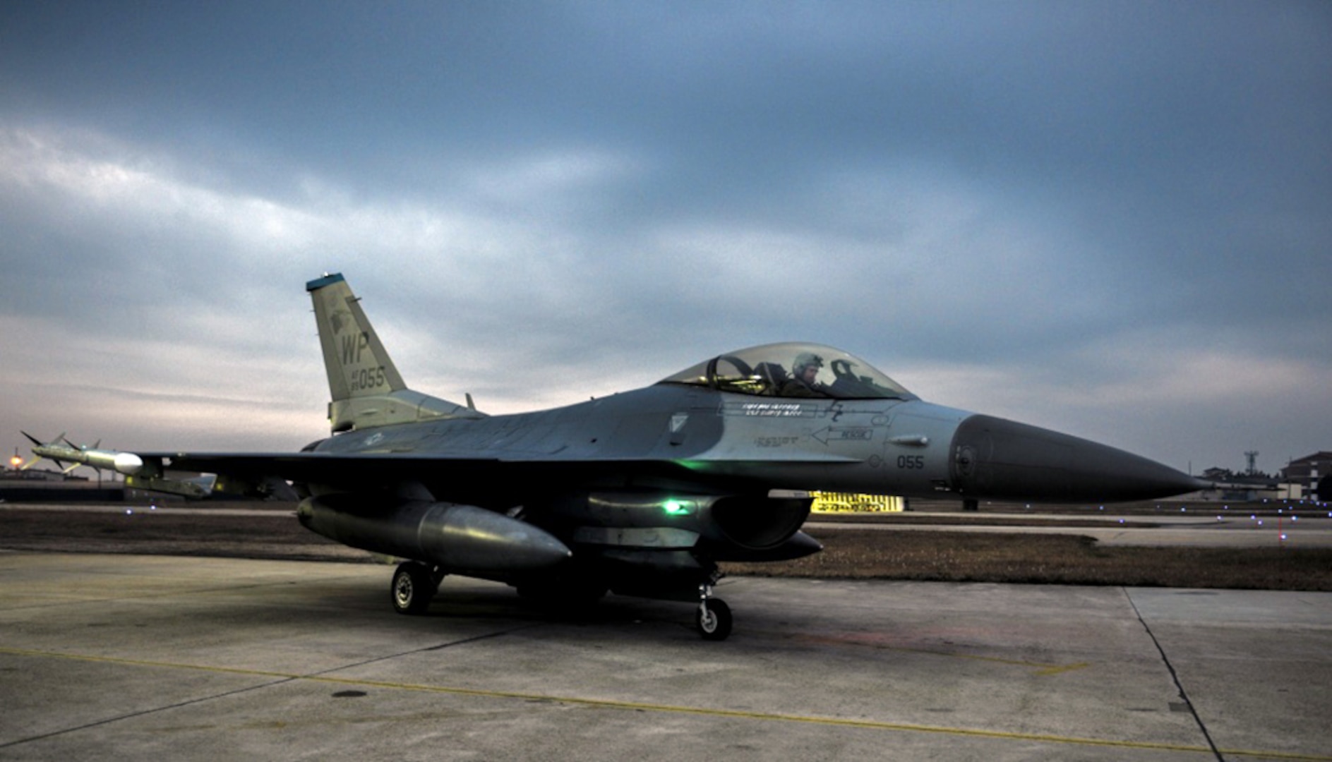 In this file photo, U.S. Air Force Capt. Erik Kitaif, 35th Fighter Squadron pilot, parks an F-16 Fighting Falcon outside of its hanger bay at Kunsan Air Base, Republic of Korea, Dec. 4, 2016. This large-scale employment exercise increases U.S. and ROK interoperability and ultimately enhances U.S. and ROK commitments to maintain peace in the region.