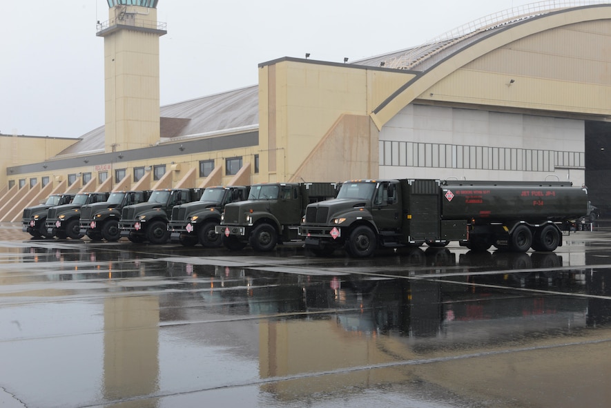 U.S. Air Force fuel trucks line up by the Thunderdome on the Eielson Air Force Base, Alaska flight line during RED FLAG-Alaska 17-2, June 12, 2017. Through snow or rain, the fuels Airmen are on the flight line to make sure aircraft of all types receive the necessary fuel they need to complete their mission. (U.S. Air Force photo by Airman 1st Class Cassandra Whitman)