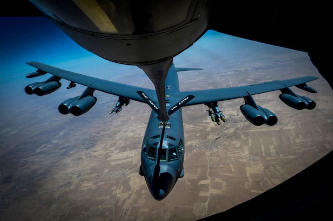 An Air Force B-52 Stratofortress departs after receiving fuel from a KC-135 Stratotanker during a flight to support Operation Inherent Resolve over an undisclosed location, June 9, 2017. Air Force photo by Staff Sgt. Michael Battles