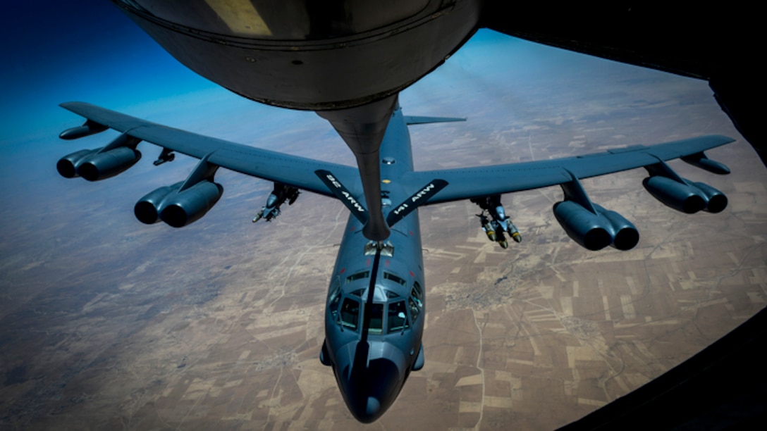 An Air Force B-52 Stratofortress departs after receiving fuel from a KC-135 Stratotanker during a flight to support Operation Inherent Resolve over an undisclosed location, June 9, 2017. Air Force photo by Staff Sgt. Michael Battles