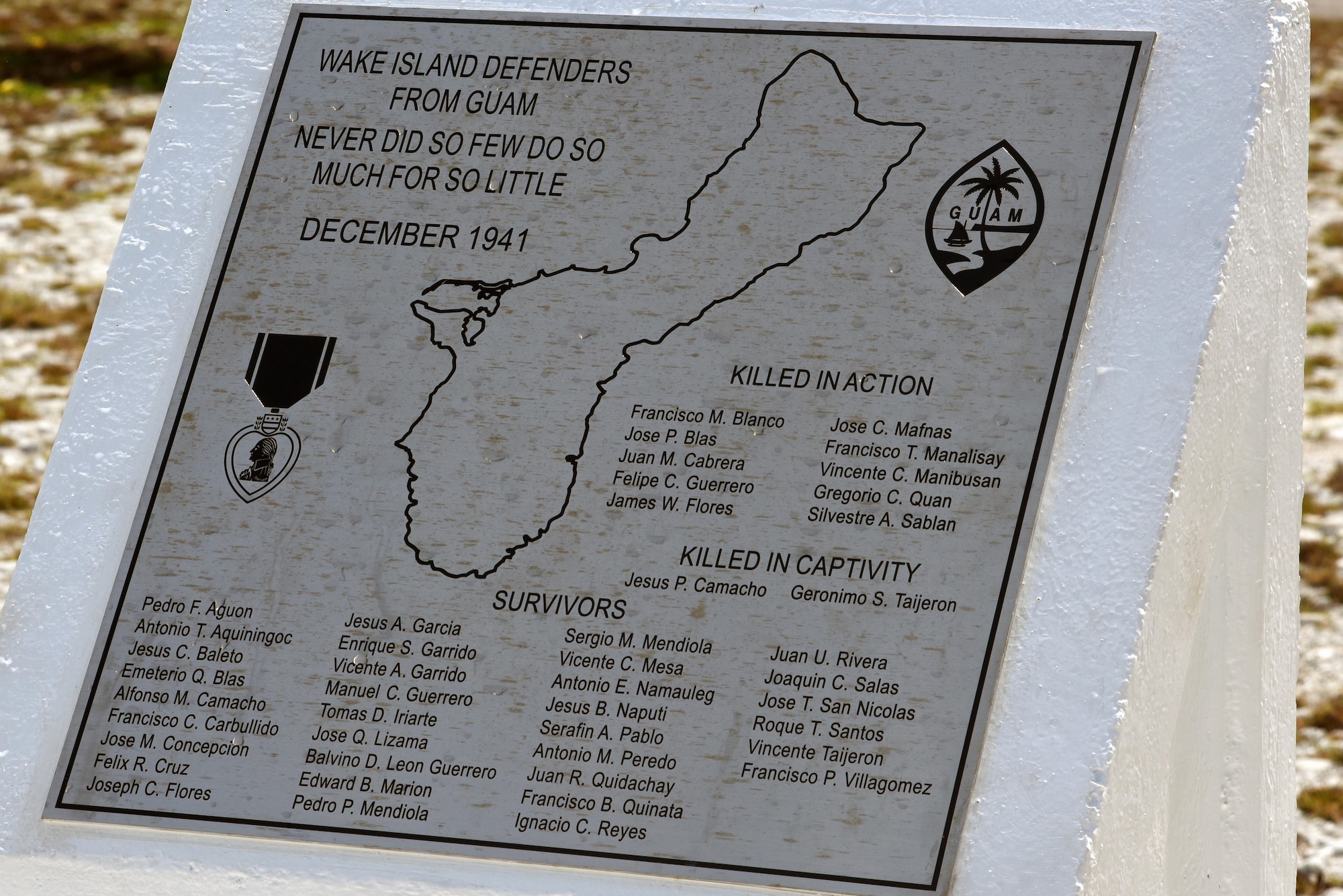 The newly renovated Guam Memorial on Wake Island is unveiled during a rededication ceremony June 8, 2017. The Guam Memorial on Wake Island was erected in 1991 to honor 45 Chamorros from Guam who worked for Pan American airlines. On Dec. 8, 1941, just a few hours of the attack on Pearl Harbor, Hawaii, Japanese forces attacked Wake Island and 10 of the 45 Chamorros were killed in the attack. The remaining 35 men were sent to prison camps in Japan and China where two died in captivity. Due to decades of corrosion, heat and sun, the memorial was degraded to the point where it became unreadable. For many months in 2017, the memorial was renovated.