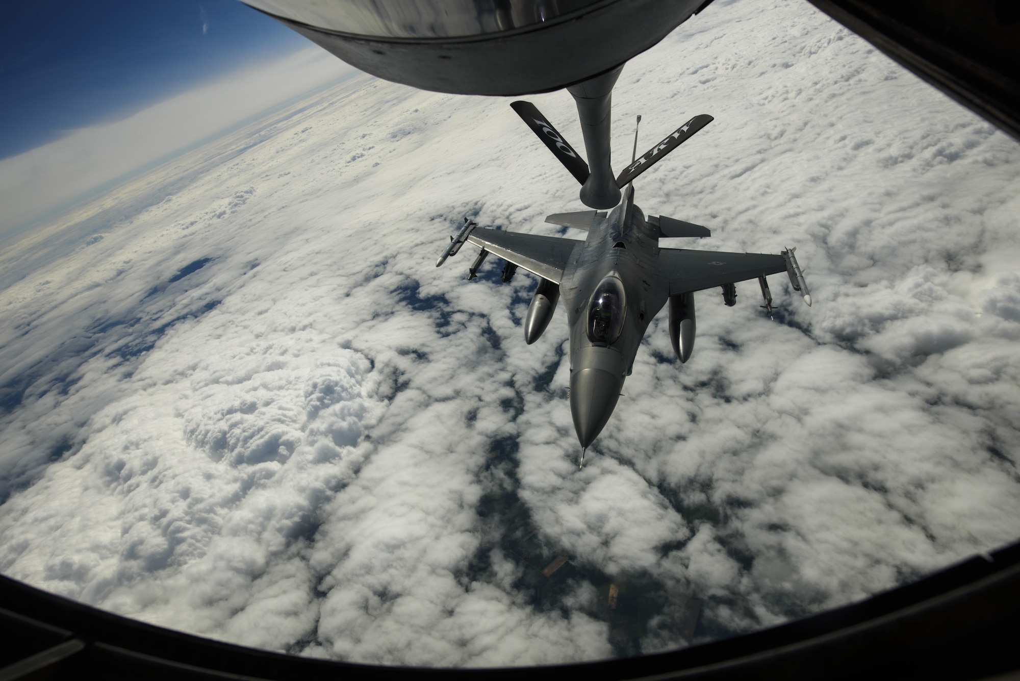 An F-16 Fighting Falcon. 510th Fighter Squadron, deployed to Krzesiny Air Base, Poland, in support of Aviation Detachment rotation 17-3, exercise BALTOPS and exercise Saber Strike approaches the boom on a KC-135R Stratotanker over the Baltic Sea, June 13, 2017. BALTOPS is an annually recurring multinational exercise designed to enhance flexibility and interoperability, as well as demonstrate resolve of allied and partner forces to defend the Baltic region. Participating nations include Belgium, Denmark, Estonia, Finland, France, Germany, Latvia, Lithuania, the Netherlands, Norway, Poland, Sweden, the United Kingdom, and the United States. (U.S. Air Force photo by Staff Sgt. Jonathan Snyder)
