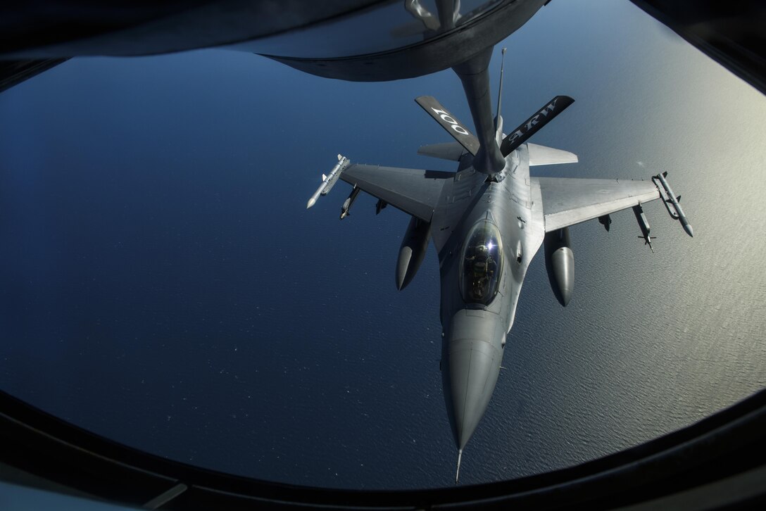 An F-16 Fighting Falcon, 510th Fighter Squadron, deployed to Krzesiny Air Base, Poland, in support of Aviation Detachment rotation 17-3, exercise BALTOPS and exercise Saber Strike refuels from a KC-135R Stratotanker over the Baltic Sea, June 13, 2017. BALTOPS is an annually recurring multinational exercise designed to enhance flexibility and interoperability, as well as demonstrate resolve of allied and partner forces to defend the Baltic region. Participating nations include Belgium, Denmark, Estonia, Finland, France, Germany, Latvia, Lithuania, the Netherlands, Norway, Poland, Sweden, the United Kingdom, and the United States. (U.S. Air Force photo by Staff Sgt. Jonathan Snyder)