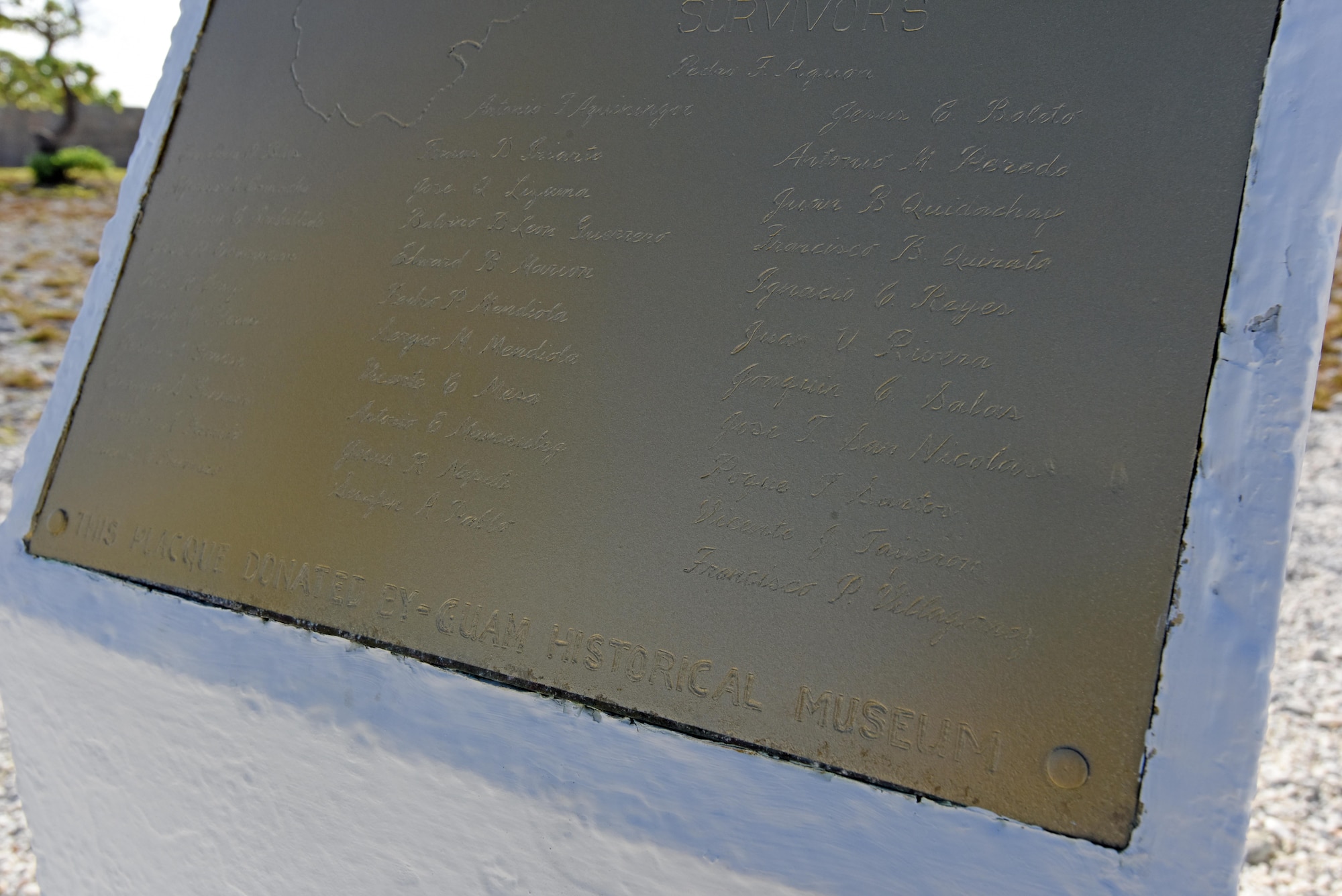 The Guam Memorial on Wake Island was erected in 1991 to honor 45 Chamorros from Guam who worked for Pan American airlines. On Dec. 8, 1941, just a few hours of the attack on Pearl Harbor, Hawaii, Japanese forces attacked Wake Island and 10 of the 45 Chamorros were killed in the attack. The remaining 35 men were sent to prison camps in Japan and China where two died in captivity. Due to decades of corrosion, heat and sun, the memorial was degraded to the point where it became unreadable shown here. For many months in 2017, the memorial was renovated and on June 8, 2017, the memorial was rededicated by Col. Frank Flores, Pacific Air Forces Regional Support Center commander.