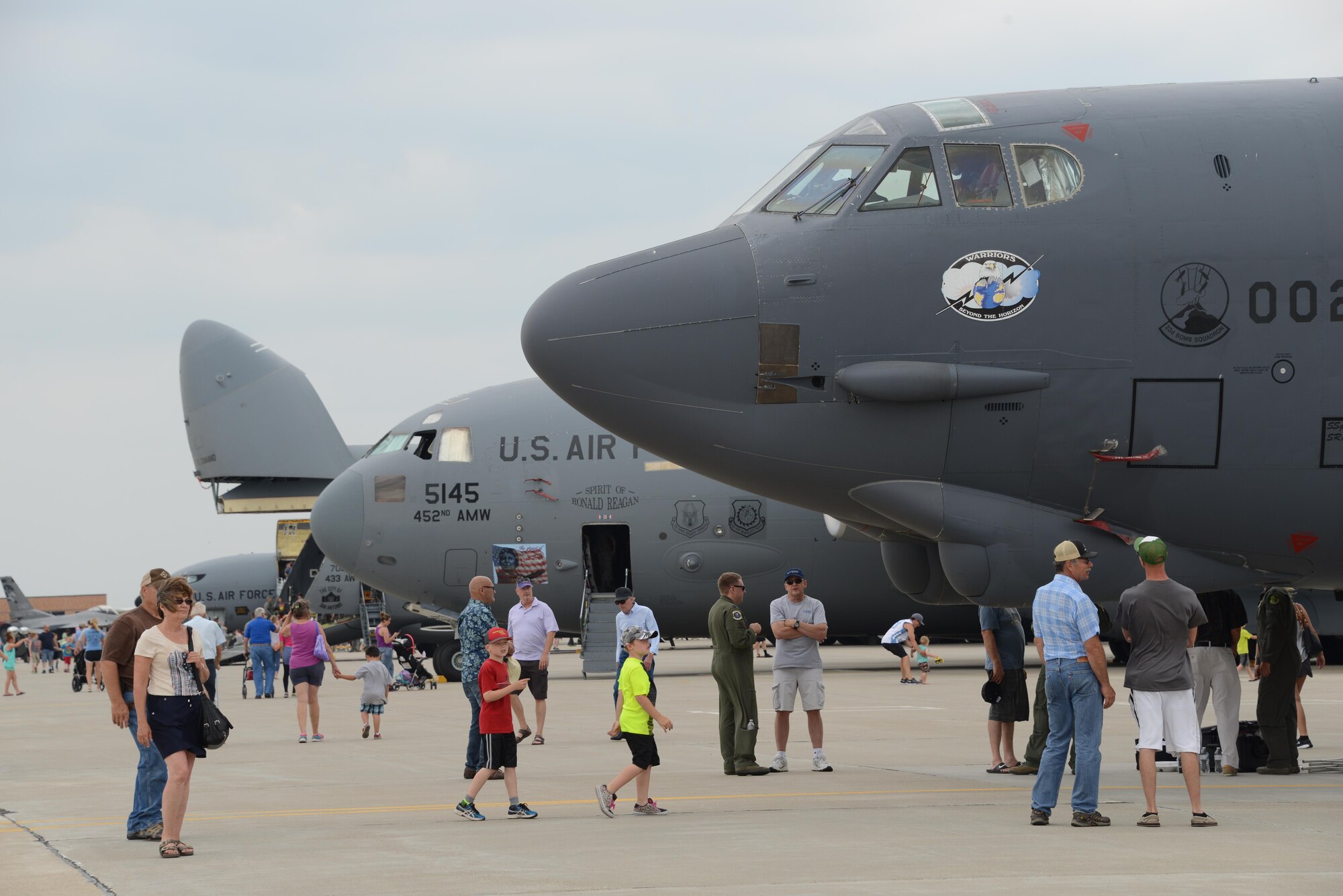 A U.S. Air Force B-52 Statofortress assigned to the 5th Bomb Wing, Minot Air Force Base is next to a C-5 Globemaster from the 452nd Air Mobility Wing, March Air Reserve Base parked on the ramp at the Iowa Air National Guard’s 185th Air Refueling Wing in Sioux City, Iowa on June 10, 2017. The aircraft are on display during an open house event hosted by the Iowa Air National Guard.
U.S. Air National Guard photo by Master Sgt. Vincent De Groot 185th ARW Wing PA