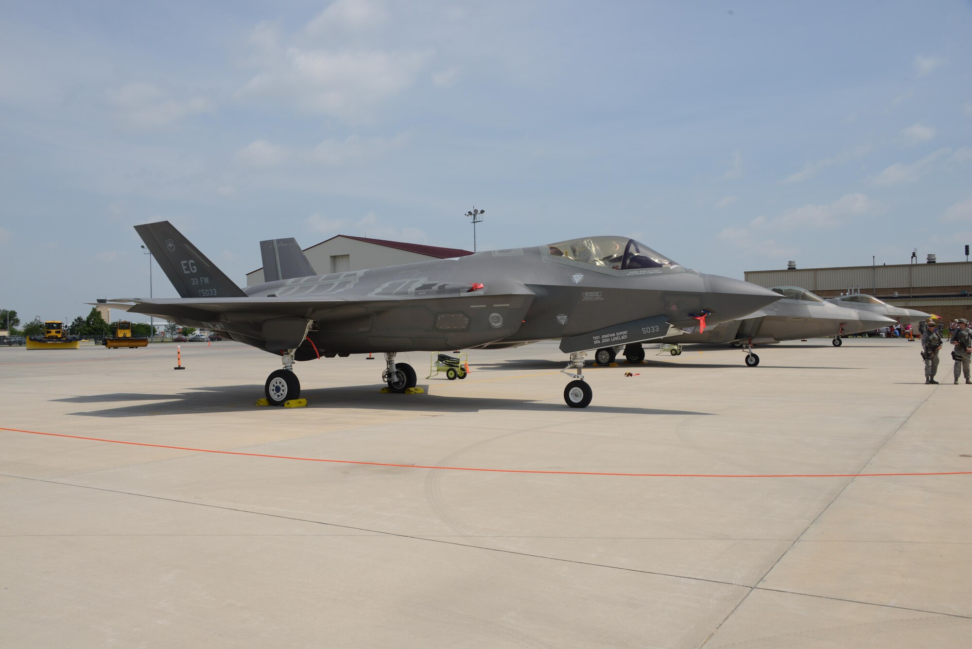 A U.S. Air Force F-35 Lighting II assigned to the 33rd Fighter Wing Eglin Air Force Base, on the ramp at the Iowa Air National Guard’s 185th Air Refueling Wing in Sioux City, Iowa on June 10, 2017. The F-35 is on display during an open house event hosted by the Iowa Air National Guard.
U.S. Air National Guard photo by Master Sgt. Vincent De Groot 185th ARW Wing PA