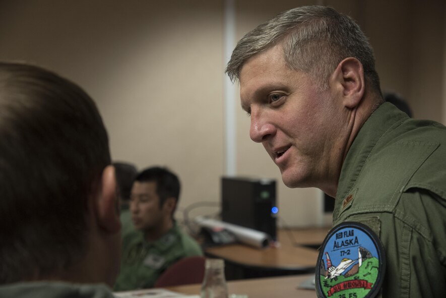 U.S. Air Force Maj. Rex Bassett, the 51st Fighter Wing assistant director of operations out of Osan Air Base, Korea, discusses plans with pilots during RED FLAG-Alaska 17-2, June 12, 2017, at Eielson Air Force Base, Alaska. Before flight, pilots gather to discuss the objectives, roles and flight tactics for a mission. (U.S. Air Force photo by Airman 1st Class Sadie Colbert)