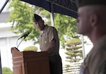 Maj. Gen. James W. Lukeman, U.S. Marine Corps Forces Korea commanding general, speaks about the importance of the U.S. and Republic of Korea alliance during a change of command ceremony at Knight Field, Yongsan, South Korea, June 14.