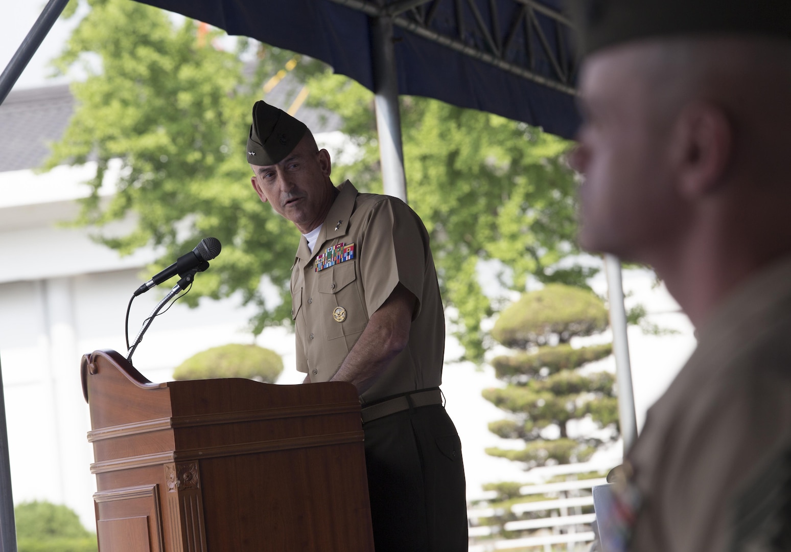 Maj. Gen. James W. Lukeman, U.S. Marine Corps Forces Korea commanding general, speaks about the importance of the U.S. and Republic of Korea alliance during a change of command ceremony at Knight Field, Yongsan, South Korea, June 14.
