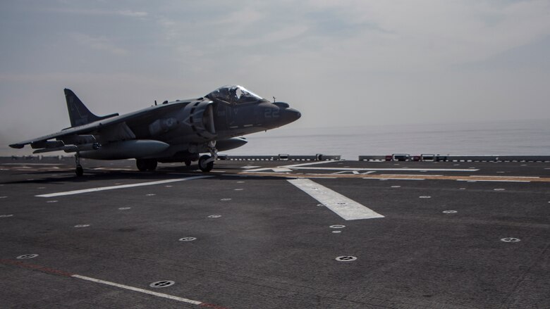 An AV-8B Harrier belonging to Marine Attack Squadron 311 prepares for flight aboard the USS Bonhomme Richard while underway in the Pacific Ocean, June 9, 2017. VMA-311 is the 31st Marine Expeditionary Unit’s fixed-wing attack asset and is currently attached to Marine Medium Tiltrotor Squadron 265, the 31st MEU’s Aviation Combat Element. During the flight the Harrier’s pilot fired the Advanced Precision Kill Weapon System, a laser-guided rocket, for the first time in the Indo-Asia-Pacific region. The 31st MEU partners with the Navy’s Amphibious Squadron 11 to form amphibious component of the Bonhomme Richard Expeditionary Strike Group. The 31st MEU and PHIBRON 11 combine to provide a cohesive blue-green team capable of accomplishing a variety of missions across the Indo-Asia-Pacific.