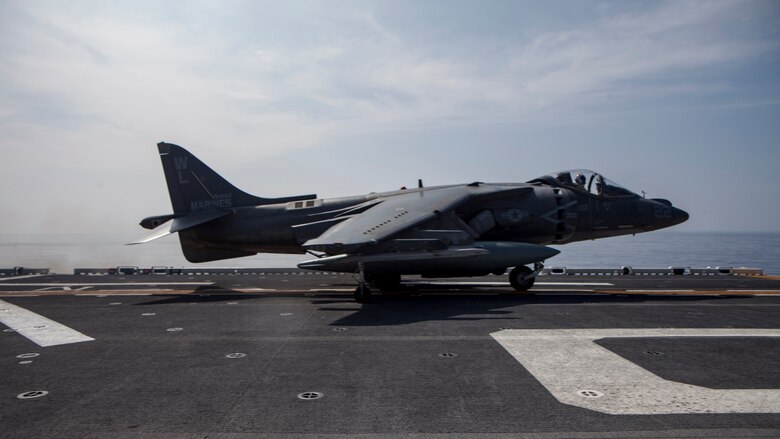 An AV-8B Harrier belonging to Marine Attack Squadron 311 prepares for flight aboard the USS Bonhomme Richard while underway in the Pacific Ocean, June 9, 2017. VMA-311 is the 31st Marine Expeditionary Unit’s fixed-wing attack asset and is currently attached to Marine Medium Tiltrotor Squadron 265, the 31st MEU’s Aviation Combat Element. During the flight the Harrier’s pilot fired the Advanced Precision Kill Weapon System, a laser-guided rocket, for the first time in the Indo-Asia-Pacific region. The 31st MEU partners with the Navy’s Amphibious Squadron 11 to form amphibious component of the Bonhomme Richard Expeditionary Strike Group. The 31st MEU and PHIBRON 11 combine to provide a cohesive blue-green team capable of accomplishing a variety of missions across the Indo-Asia-Pacific. 