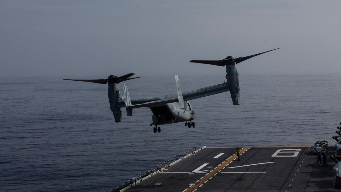 An MV-22B Osprey tiltrotor aircraft belonging to Marine Medium Tiltrotor Squadron 265 departs the USS Bonhomme Richard while underway in the Pacific Ocean, June 9, 2017. VMM-265 is the Aviation Combat Element of the 31st Marine Expeditionary Unit and provides assault transport, close air support and aviation command and control for the 31st MEU. The 31st MEU partners with the Navy’s Amphibious Squadron 11 to form amphibious component of the Bonhomme Richard Expeditionary Strike Group. The 31st MEU and PHIBRON 11 combine to provide a cohesive blue-green team capable of accomplishing a variety of missions across the Indo-Asia-Pacific.