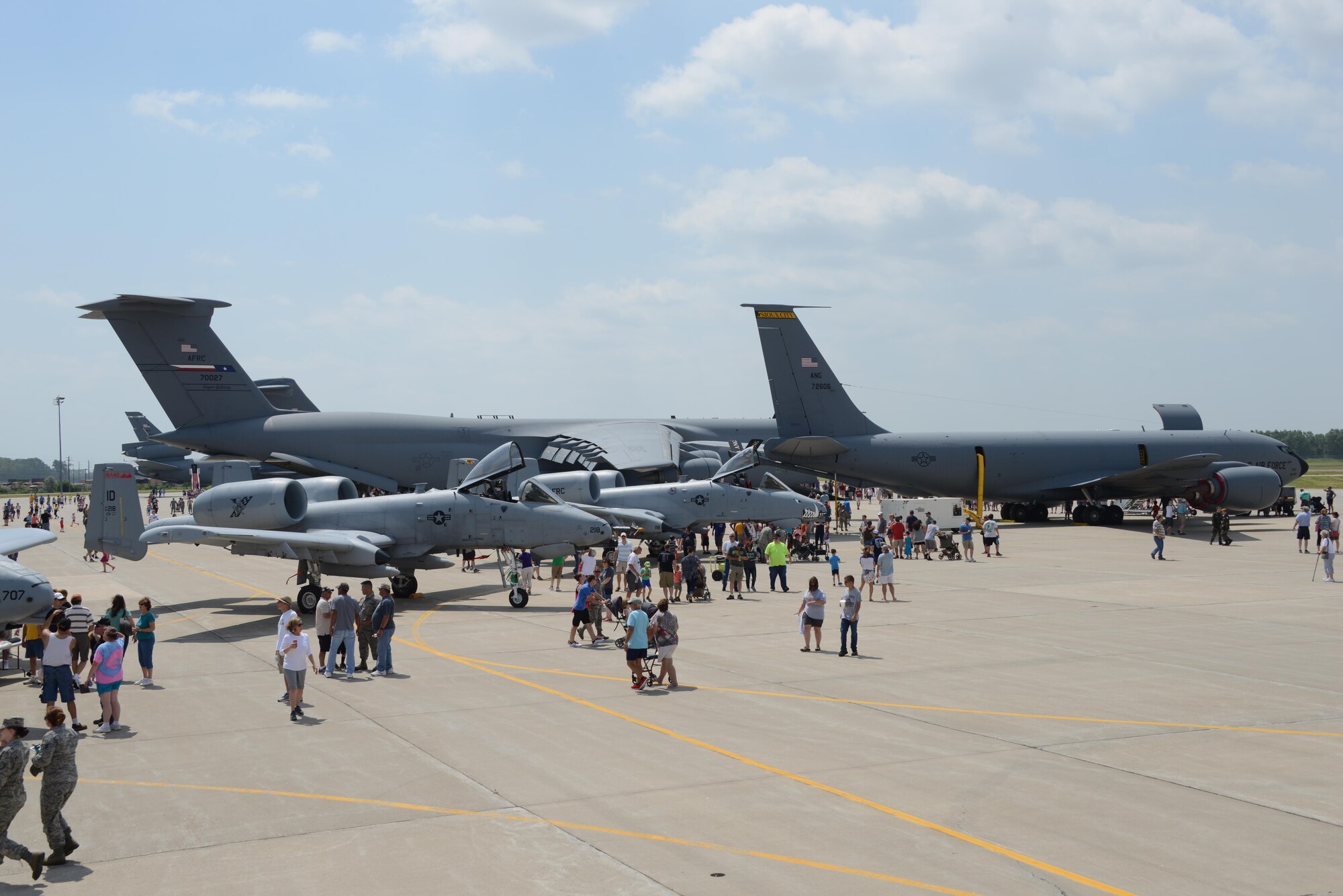 Two U.S. Air Force A-10 Thunderbolt II aircraft are alongside a KC-135 and a C-5 Galaxy on the ramp at the Iowa Air National Guard’s 185th Air Refueling Wing in Sioux City, Iowa on June 10, 2017. The aircraft are on display during an open house event hosted by the Iowa Air National Guard.
U.S. Air National Guard photo by Master Sgt. Vincent De Groot 185th ARW Wing PA