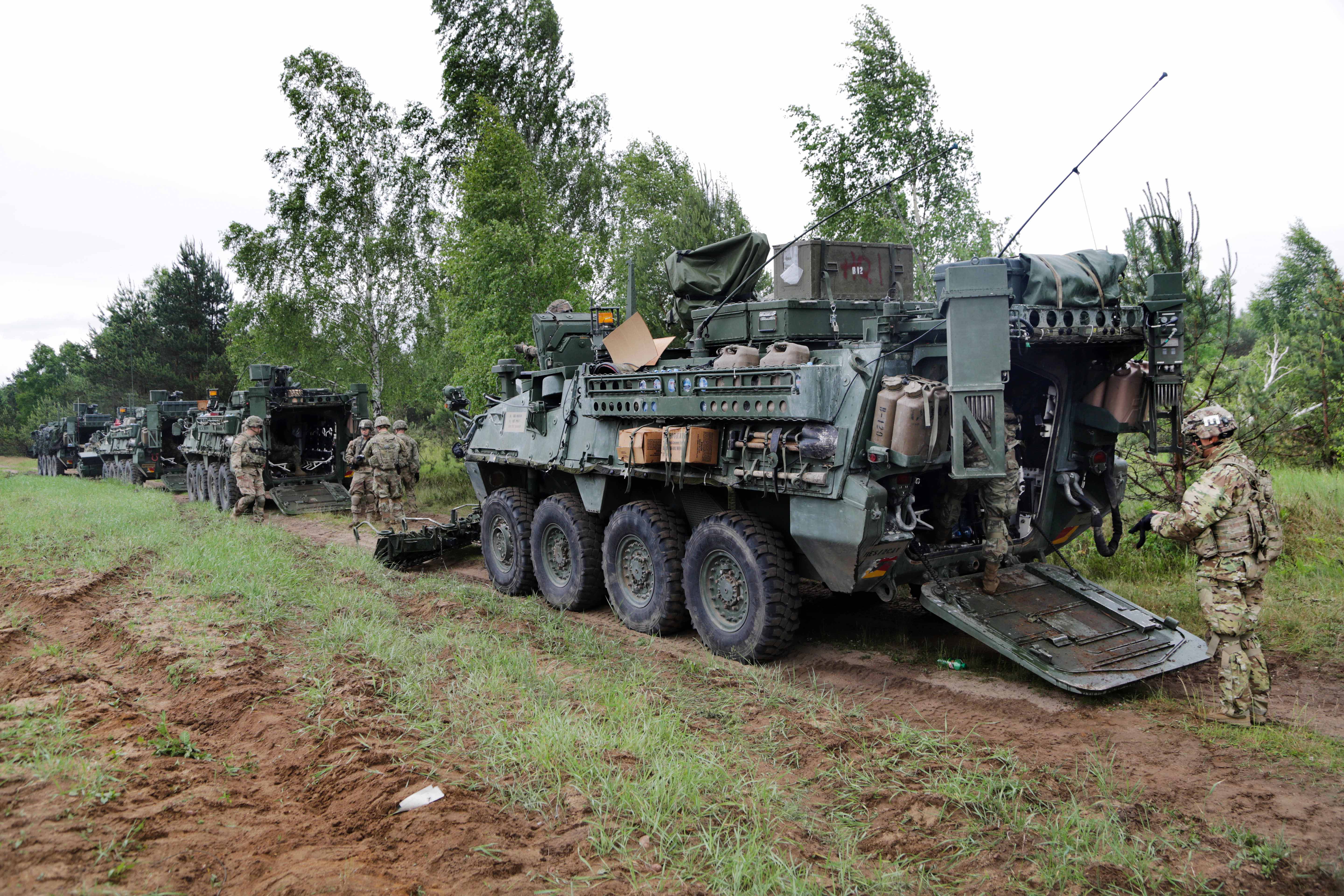 M1132 engineer squad vehicles during demolition training at the Bemowo ...