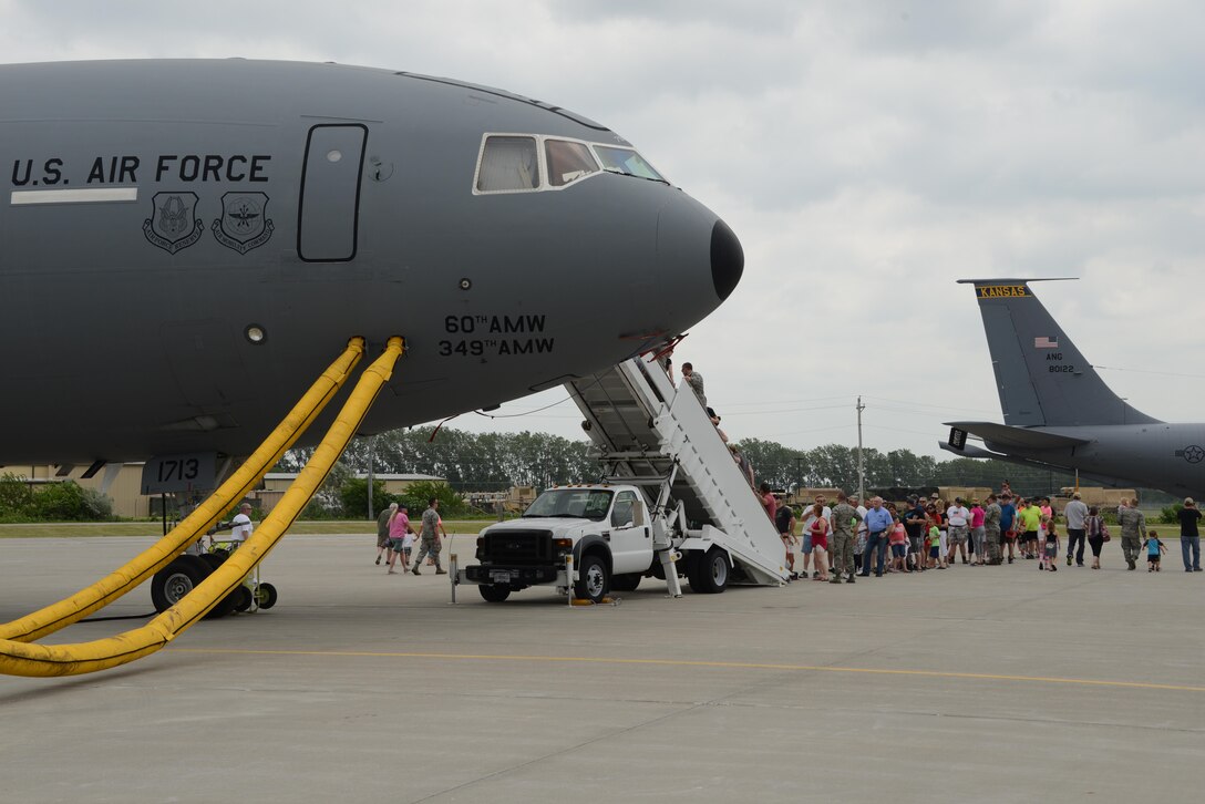 Visitors line up see a U.S. Air Force KC-10 Extender on display during an open house event at the Iowa Air National Guard base in Sioux City, Iowa on June 10, 2017. The aircraft is assigned to the 60th and the 349th Air Mobility Wings, Travis Air Force Base, Calf. 
U.S. Air National Guard photo by Master Sgt. Vincent De Groot 185th ARW Wing PA