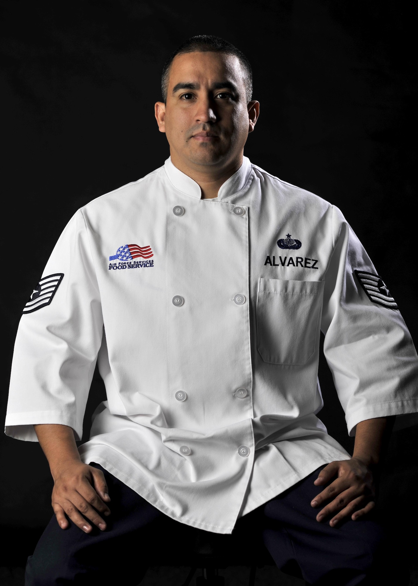 U.S. Air Force Tech. Sgt. Andy Alvarez, 100th Force Support Squadron Gateway Dining Facility assistant manager, poses for a portrait photo May 31, 2017. Alvarez was selected as one of six members of the Chairman’s Joint Chief of Staff dining mess at the Pentagon. Service members from all branches of the U.S. military were eligible to apply for the elite position. (U.S. Air Force photo by Senior Airman Justine Rho) 
