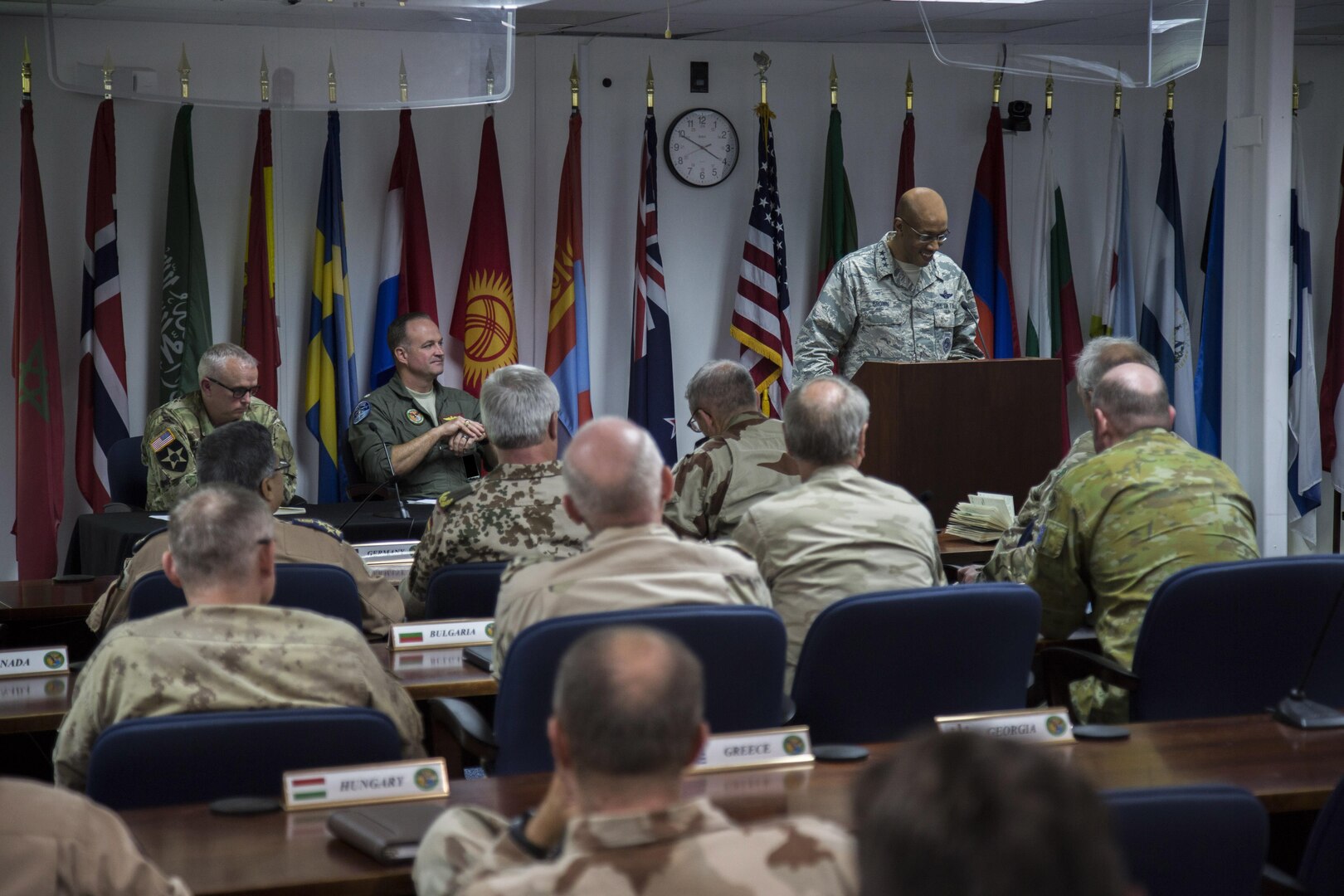 (June 9, 2017) - U.S. Air Force Lt Gen. Charles Q. Brown Jr., deputy commander U.S. Central Command, addresses coalition representatives at the conclusion of a force generation conference at USCENTCOM headquarters. The conference provided a venue for partner nations to volunteer personnel, equipment, and resources to the Combined Joint Task Force – Operation Inherent Resolve (CJTF-OIR) mission. (Photo by Tom Gagnier)