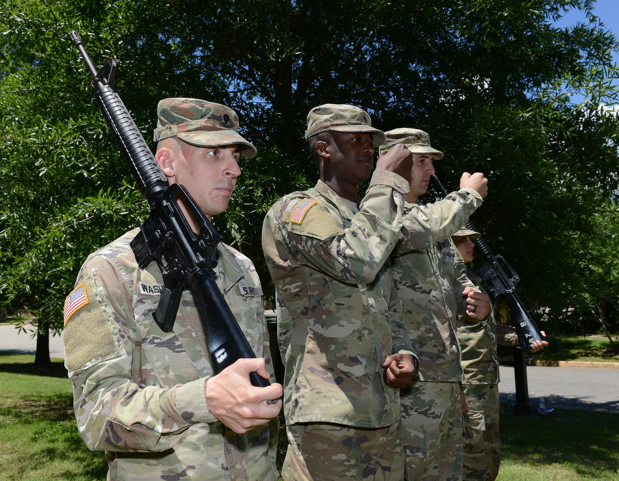 U.S. Army Soldiers from the Fort Eustis Color Guard practice presenting and posting the colors for a ceremony at Joint Base Langley-Eustis, Va., June 9, 2017. Honor guardsmen train daily to perfect their skills, and ensure all movements are precise and synchronized. (U.S. Air Force photo/Staff Sgt. Teresa J. Cleveland)