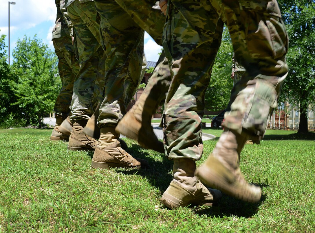 U.S. Army Soldiers from the Fort Eustis Color Guard practice marching in step at Joint Base Langley-Eustis, Va., June 9, 2017. The color guardsmen participate in ceremonies such as retirement ceremonies, changes of command and responsibility, and memorial ceremonies in the local Hampton Roads community, to honor current and prior service members. (U.S. Air Force photo/Staff Sgt. Teresa J. Cleveland)