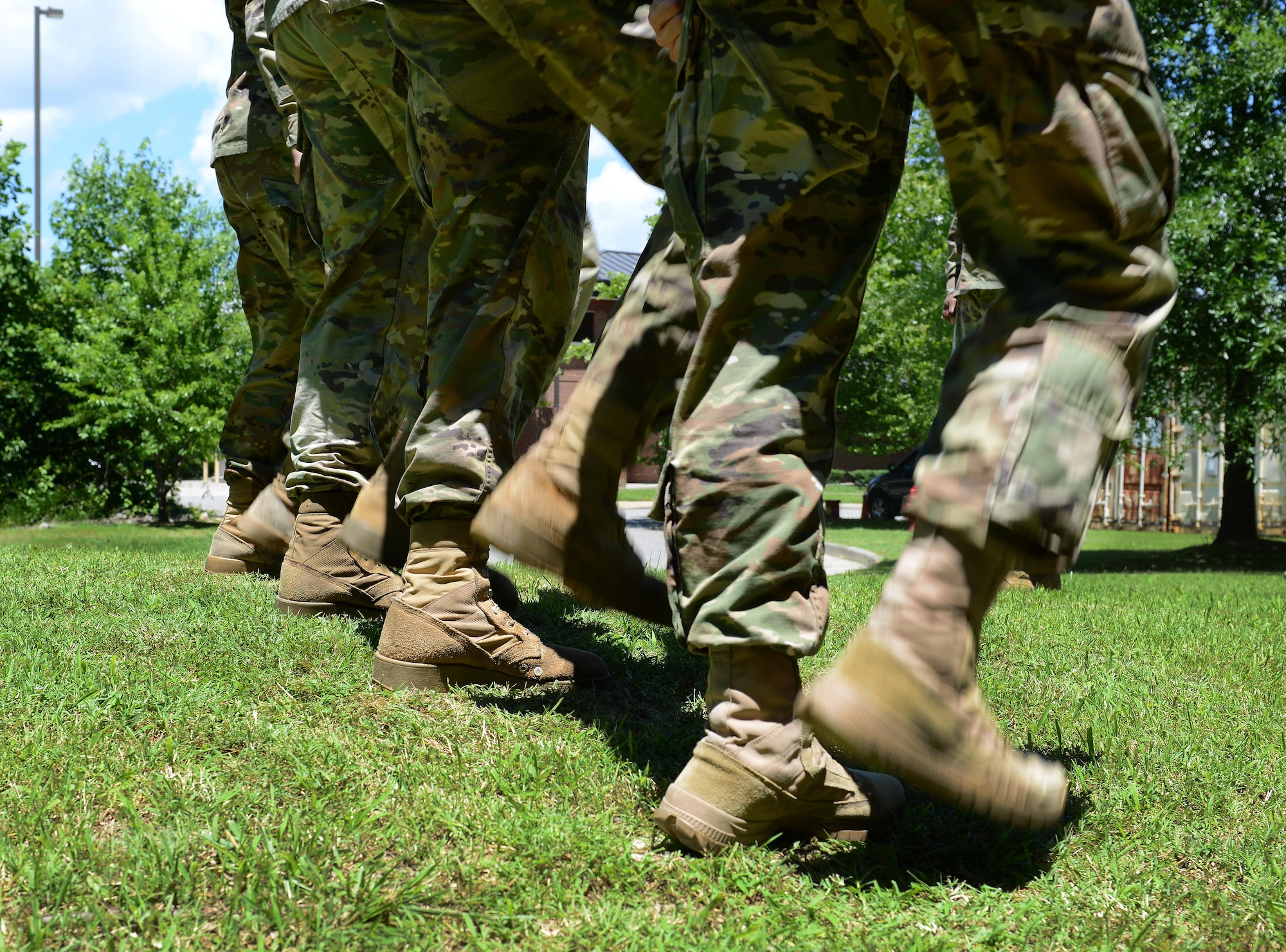 U.S. Army Soldiers from the Fort Eustis Color Guard practice marching in step at Joint Base Langley-Eustis, Va., June 9, 2017. The color guardsmen participate in ceremonies such as retirement ceremonies, changes of command and responsibility, and memorial ceremonies in the local Hampton Roads community, to honor current and prior service members. (U.S. Air Force photo/Staff Sgt. Teresa J. Cleveland)