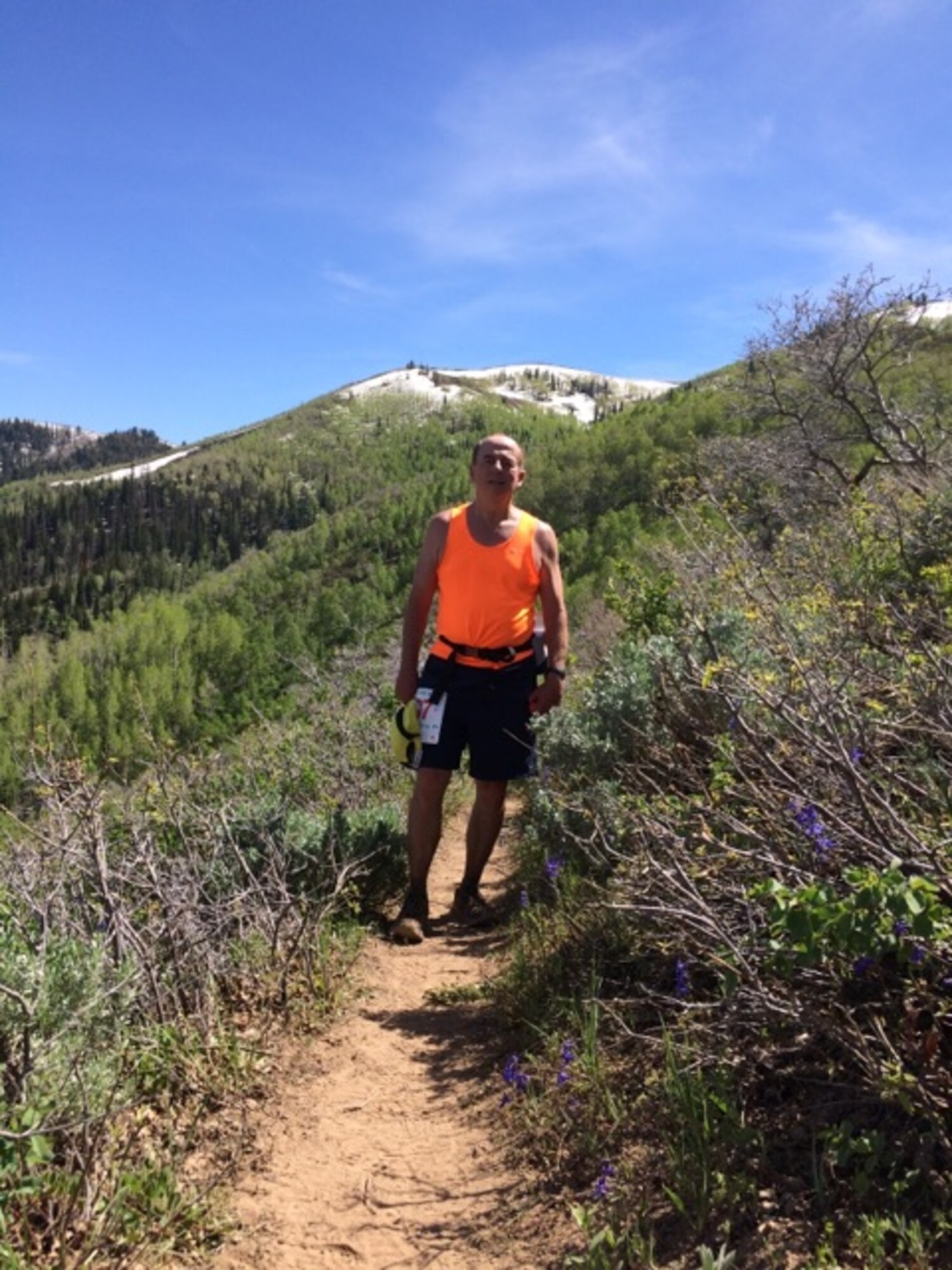 PROVO CANYON, Utah – Al Strait, 21st Space Wing director of staff, pauses on the trail of the Squaw Peak 50 Mile Adventure Run in Provo Canyon, Utah, June 3, 2017. Strait, 64, prepared for this 50 mile challenge with long Saturday morning runs and participating in other events such as the Bataan Memorial Death March. (Courtesy photo)
