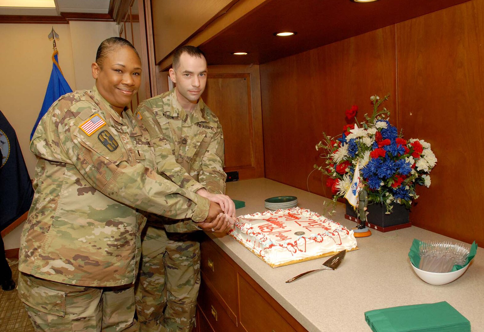 Army Chief Warrant Officer 3 Jemme Neal and Sgt. 1st Class Isaac Wilson, both from DLA Troop Support’s Subsistence supply chain, cut a cake June 13 to mark the Army’s 242nd birthday. Subsistence helped deliver 300,000 servings of birthday cake to dining facilities around the world.