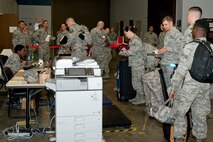 U.S. Air Force Reserve Airmen from the 913th Airlift Group are manifested and weighed for flights to Mississippi June 2, 2017, at Little Rock Air Force Base, Ark. More than 45 Airmen from the 913th AG deployed to Keesler AFB, Miss., to take part in Prime Horizon, an exercise designed to test the Group’s ability to deploy and re-deploy from a simulated deployed location. (U.S. Air Force photo by Master Sgt. Jeff Walston/Released)