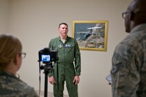 U.S. Air Force Reserve Lt. Col. Scott Lawson, chief of safety, 913th Airlift Group, takes questions from 403rd Wing Public Affairs Airmen during exercise Prime Horizon June 3, 2017, at Keesler Air Force Base, Miss. The injection of a public affairs scenario during the exercise demonstrated the ability of senior leadership to appropriately respond to information requests from the media. (U.S. Air Force photo by Master Sgt. Jeff Walston/Released)