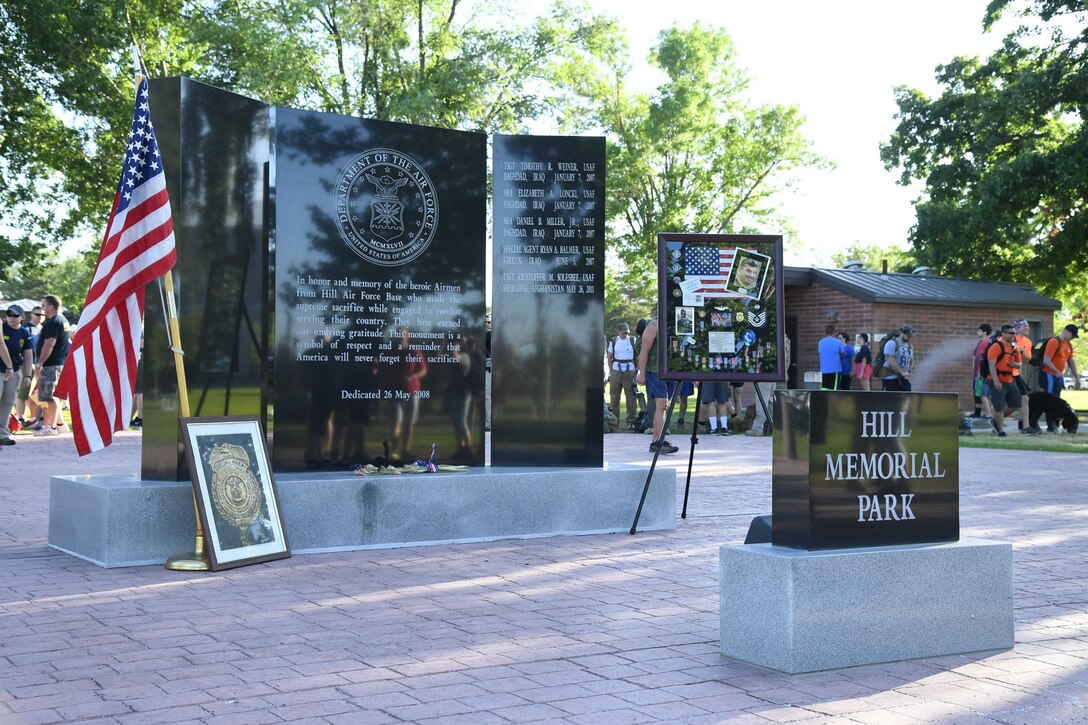 A monument to Airmen killed in action stands in Hill Air Force Base’s Memorial Park, June 9. On this day, Air Force Office of Special Investigations Detachment 113 hosted the 10th annual ruck march at the base in honor of Special Agent Ryan Balmer, who was killed in Iraq in June 2007. (U.S. Air Force/R. Nial Bradshaw)