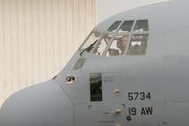 U.S. Air Force Reserve Lt. Col. Dan Collister, evaluator pilot, 327th Airlift Squadron, taxis a C-130J Super Hercules to a parking spot at Keesler Air Force Base, Miss., June 3, 2017. Collister was one of more than 45 Airmen from the 913th Airlift Group who deployed to Keesler from Little Rock AFB, Ark., to take part in Prime Horizon, a dual location exercise designed to test the Group’s ability to deploy and re-deploy passengers and cargo. (U.S. Air Force photo by Master Sgt. Jeff Walston/Released)