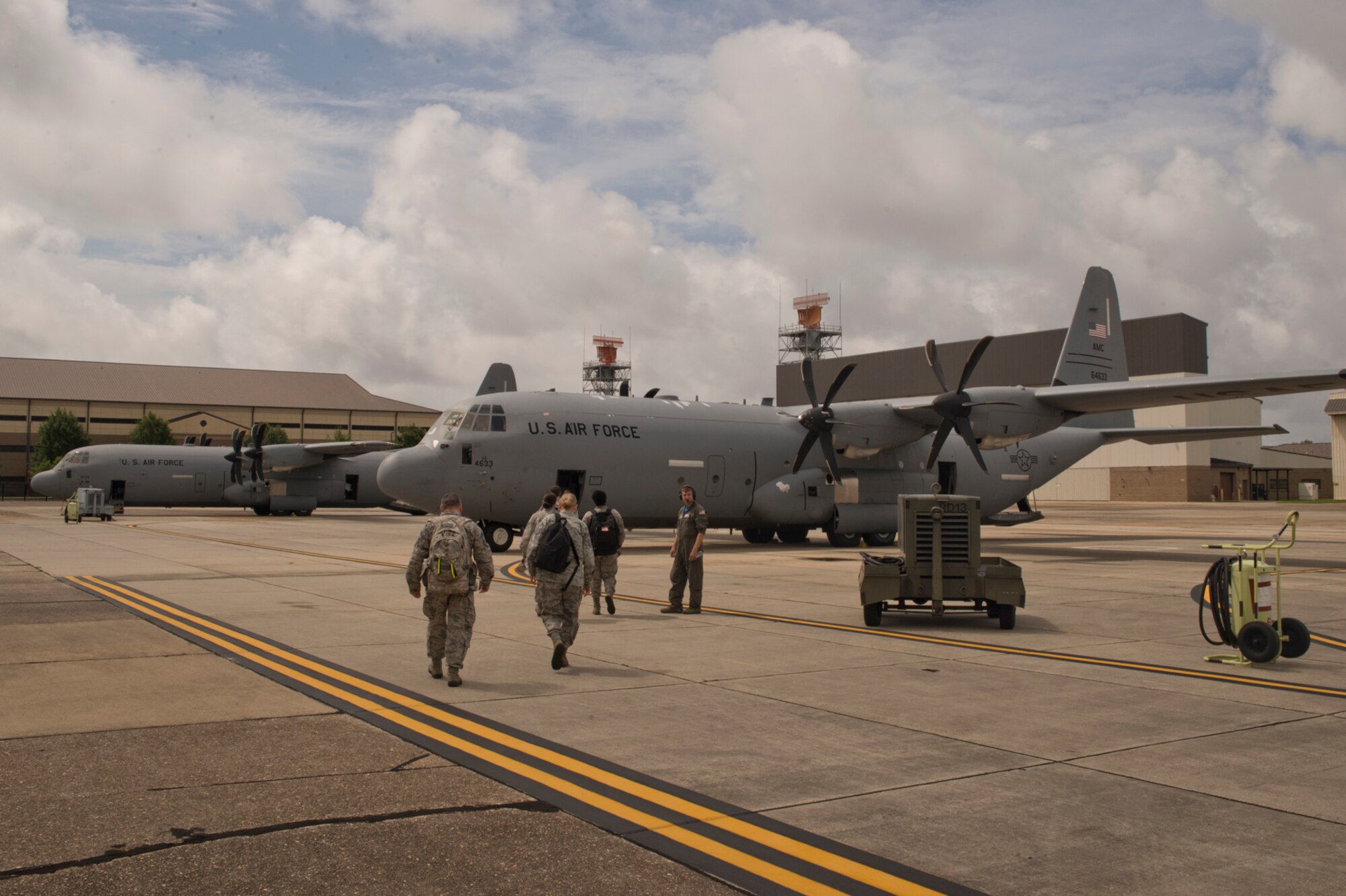 U.S. Air Force Reserve Airmen from the 913th Airlift Group board a C-130J Super Hercules bound for Arkansas June 4, 2017, at Keesler Air Force Base, Miss. Approximately 45 Airmen from the 913 AG deployed to Keesler to take part in Prime Horizon, an exercise which was designed to test the Group’s ability to deploy and re-deploy a two-ship package carrying passengers and cargo to a simulated deployed location. (U.S. Air Force photo by Master Sgt. Jeff Walston/Released)