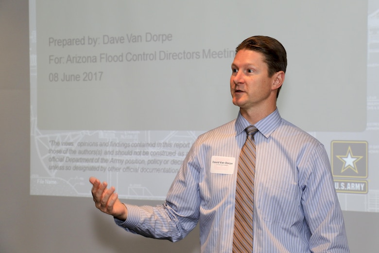 David Van Dorpe, chief, Programs and Project Management presents a Civil Works Overview touching on budgeting, the Flood Risk Management Program and ways the Corp can help local flood control districts June 8. Twelve counties were represented at the inaugural Arizona Flood Control District Directors meeting with the U.S. Army Corps of Engineers Los Angeles District.