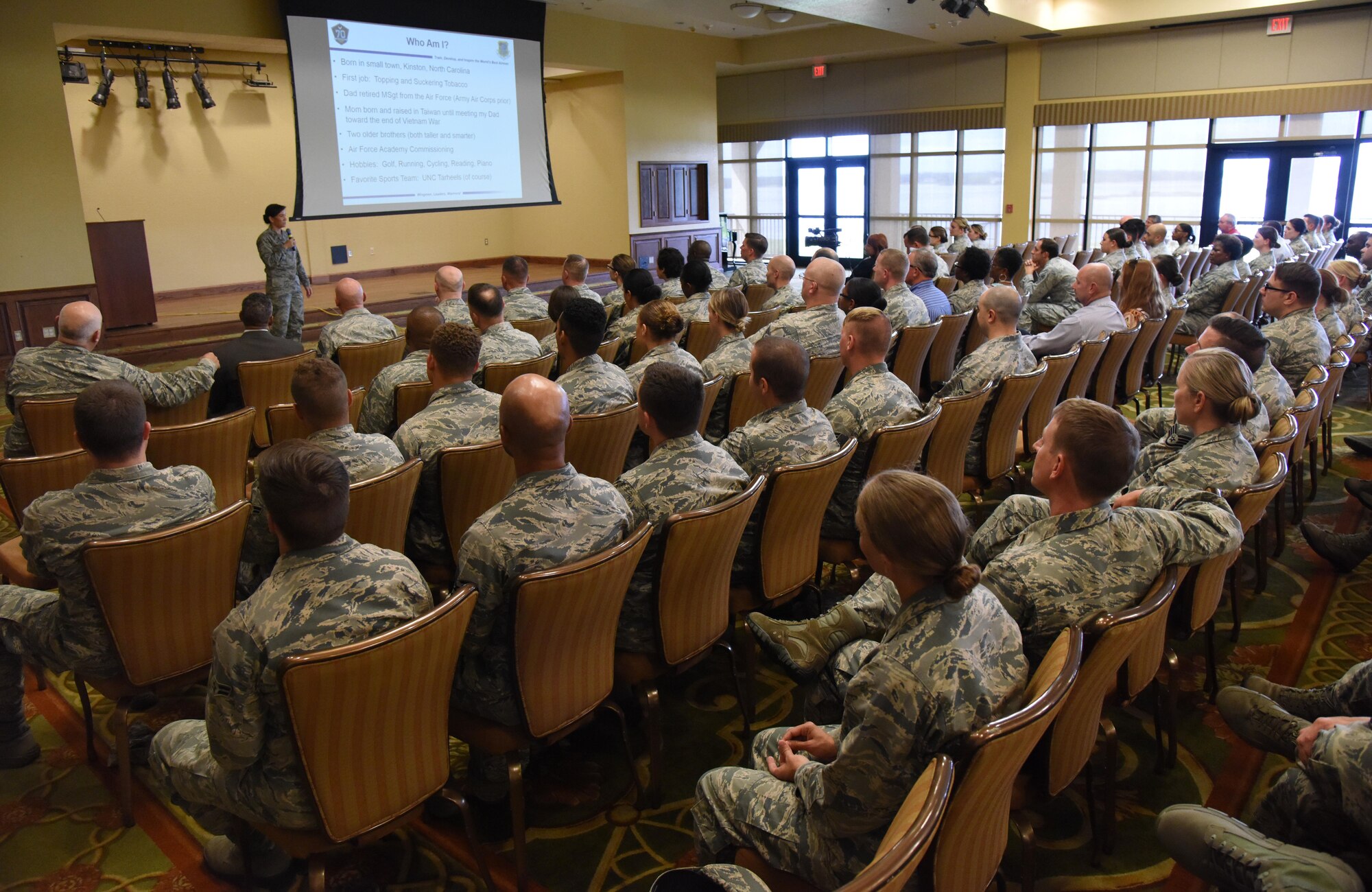 Col. Debra Lovette, 81st Training Wing commander, speaks to Airmen during a Commander’s Call in the Bay Breeze Event Center June 12, 2017, on Keesler Air Force Base, Miss. The Commander’s Call was one of several Wingman Week events focusing on resiliency and teambuilding initiatives across the base. (U.S. Air Force photo by Kemberly Groue)