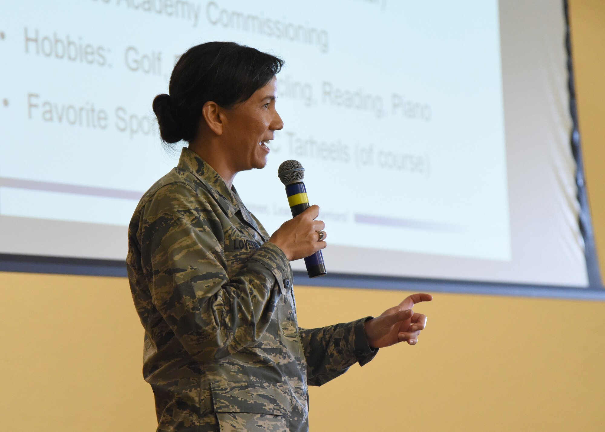 Col. Debra Lovette, 81st Training Wing commander, speaks to attendees during a Commanders Call in the Bay Breeze Event Center June 12, 2017, on Keesler Air Force Base, Miss. The Commander’s Call was one of several Wingman Week events focusing on resiliency and teambuilding initiatives across the base. (U.S. Air Force photo by Kemberly Groue)