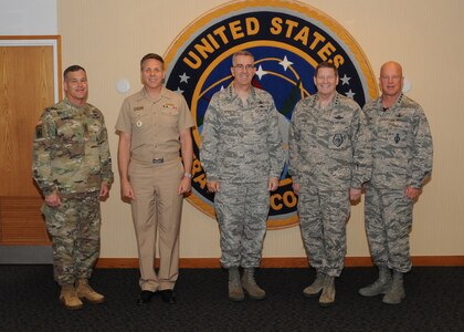 (From left) U.S. Army Lt. Gen. Jim Dickinson, commander of Joint Functional Component Command, Integrated Missile Defense, and Army Space and Missile Defense Command, Army Forces Strategic Command; U.S. Navy Adm. Phil Davidson, commander of U.S. Fleet Forces Command; U.S. Air Force Gen. John Hyten, commander of U.S. Strategic Command (USSTRATCOM); U.S. Air Force Gen. Robin Rand, commander of Air Force Global Strike Command; and Gen. Jay Raymond, commander of Air Force Space Command, meet at Offutt Air Force Base, Neb., June 9, 2017. The leaders discussed specific issues concerning Integrated Tactical Warning and Attack Assessment, nuclear command, control and communications. USSTRATCOM leadership holds forums such as this to assess the health and direction of the nation’s strategic forces, including bombers, intercontinental ballistic missiles and submarines, as well as the communication networks and sensors that tie them all together. One of nine Department of Defense unified combatant commands, USSTRATCOM has global strategic missions assigned through the Unified Command Plan that include strategic deterrence, space operations, cyberspace operations, joint electronic warfare, global strike, missile defense, intelligence, and analysis and targeting.