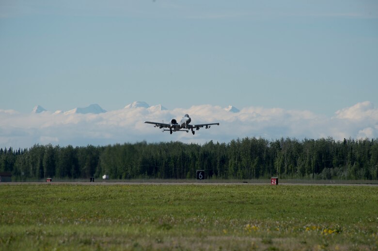 A U.S. Air Force A-10 Warthog takes off from the flight line during RED FLAG-Alaska 17-2 June 13, 2017, at Eielson Air Base, Alaska. RED FLAG-Alaska provides an optimal training environment in the Indo-Asia Pacific Region and focuses on improving ground, space, and cyberspace combat readiness and interoperabillity for U.S. and international forces.  (U.S. Air Force photo by Airman 1st Class Haley D. Phillips)
