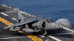 An AV-8B Harrier belonging to Marine Attack Squadron 311 taxis after landing aboard the USS Bonhomme Richard (LHD 6) while underway in the Pacific Ocean, June 9, 2017. VMA-311 is the 31st Marine Expeditionary Unit’s fixed-wing attack asset and is currently attached to Marine Medium Tiltrotor Squadron 265 (Reinforced), the 31st MEU’s Aviation Combat Element. During the flight the Harrier’s pilot fired the Advanced Precision Kill Weapon System (APKWS), a laser-guided rocket, for the first time in the Indo-Asia-Pacific region. The 31st MEU partners with the Navy’s Amphibious Squadron 11 to form amphibious component of the Bonhomme Richard Expeditionary Strike Group. The 31st MEU and PHIBRON 11 combine to provide a cohesive blue-green team capable of accomplishing a variety of missions across the Indo-Asia-Pacific.