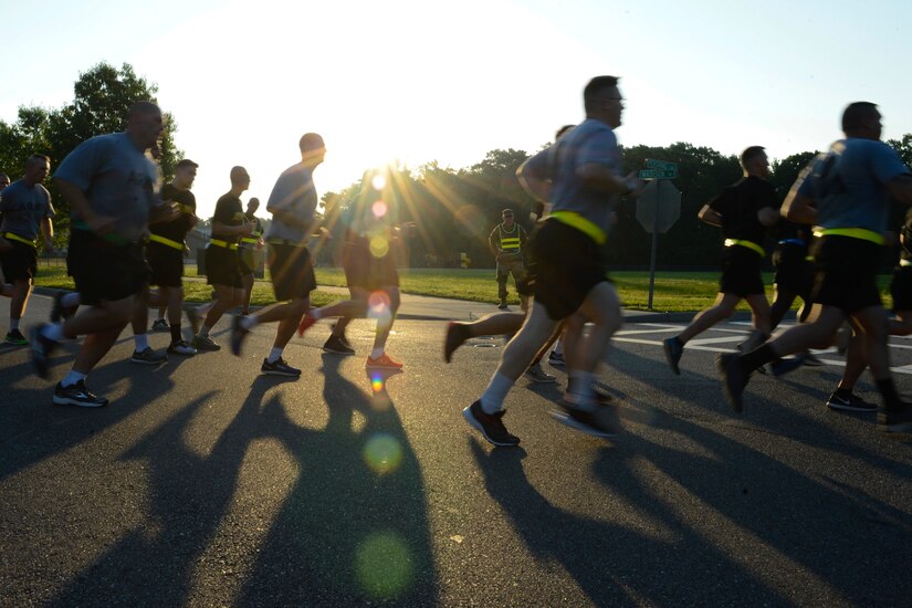 U.S. Army Soldiers run in formation in honor of the Army’s 242nd Birthday at Joint Base Langley-Eustis, Va., June 14, 2017. Celebrations for the Army’s 242nd Birthday continued throughout the week with a streamer ceremony and a Music Under the Stars concert. (U.S. Air Force photo/Airman 1st Class Kaylee Dubois)