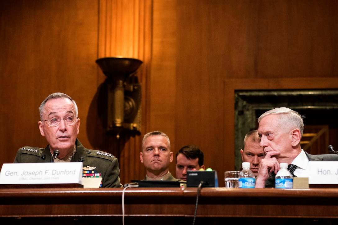 Defense Secretary Jim Mattis and Marine Corps Gen. Joe Dunford, chairman of the Joint Chiefs of Staff, provide testimony on the FY2018 Defense Budget Request before the Senate Appropriations Committee Defense subcommittee in Washington D.C., June 14, 2017. DoD photo by Navy Petty Officer 2nd Class Dominique A. Pineiro