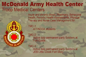 The staff at McDonald Army Health Center’s Troop Medical Services at Joint Base Langley-Eustis, Va. and Joint Expeditionary Base Little Creek-Fort Story, Va. divide active duty Soldiers into three separate demographics in order to provide medical care to U.S. Army Soldiers quickly and effectively, improving the readiness of service members across installations. By splitting the demographics into different clinics, medical personnel can pay closer attention to Soldier care, focusing on readiness, length of duty-limiting profiles, military exams, immunizations and periodic health assessments. (U.S. Air Force graphic/Staff Sgt. Teresa J. Cleveland)