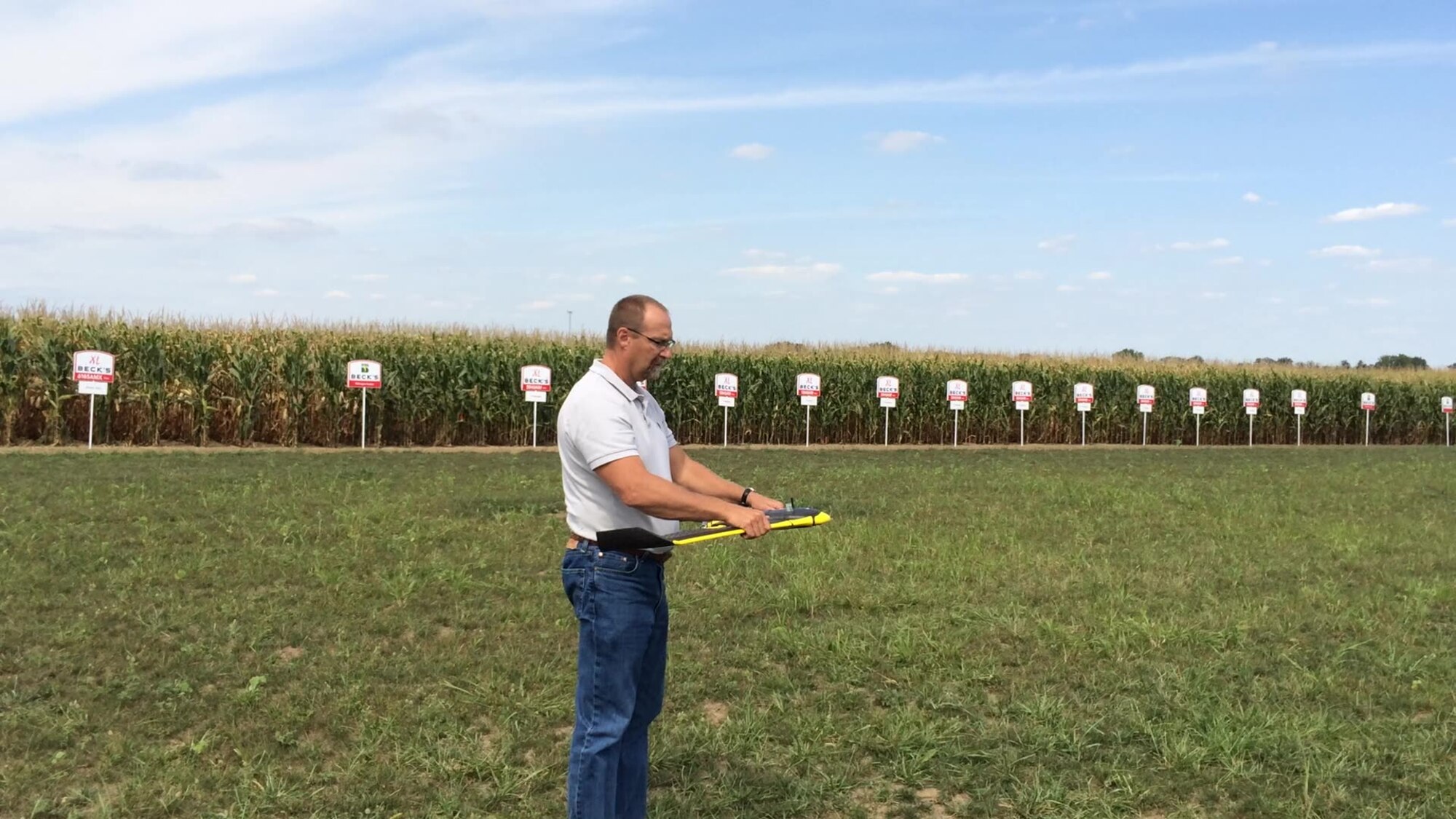 Joe Diemunsch, a computer engineer with AFRL and the first person to enter AFRL’s Entrepreneurial Opportunities Program, prepares to launch a remotely piloted aircraft over a field of corn. Diemunsch is exploring the possibility of commercializing a tool that would be used with data received from sensors aboard an RPA to help farmers with more precise information about nutrient deficiencies, disease, pest damage and weeds. (U.S. Air Force photo)