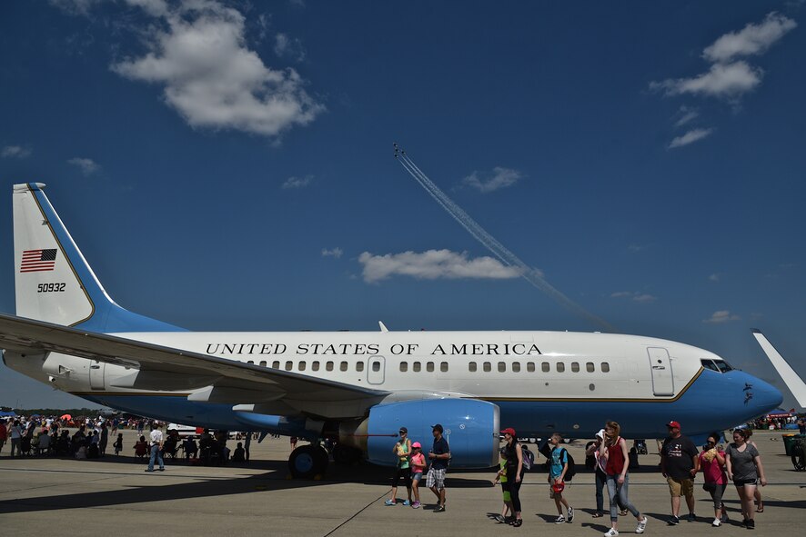 The Thunderbirds, officially known as the U.S. Air Force Air Demonstration Squadron, take to the skies with a 932nd Airlift Wing C-40C on static display for attendees during the Scott Airshow and Open House June 11, 2017, Scott Air Force Base, Illinois. The airshow had performances from the United States Thunderbirds, Tora Tora Tora as well various aircraft statics on display for guests to tour.  (U.S. Air Force photo by Tech. Sgt. Christopher Parr)